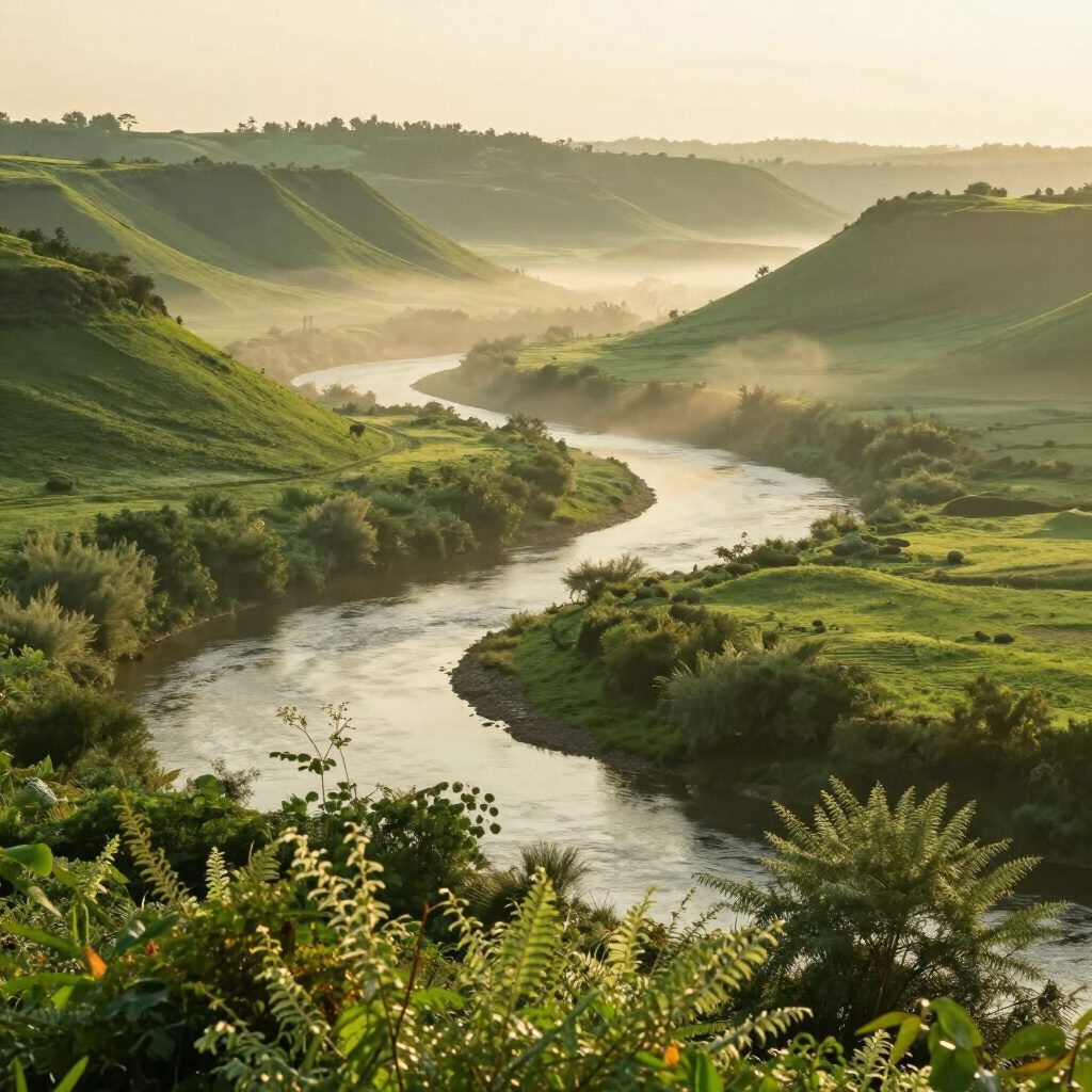 A river winding through a green valley